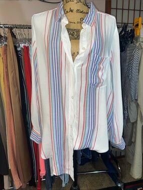 American Eagle Outfitters White Button-Up Shirt with Multicolor Stripes